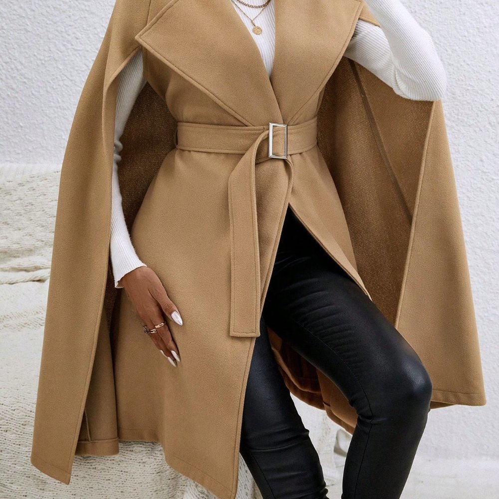 Khaki Preppy Womens Cloak Sleeve Belted Cape Coat - Picture 5 of 6